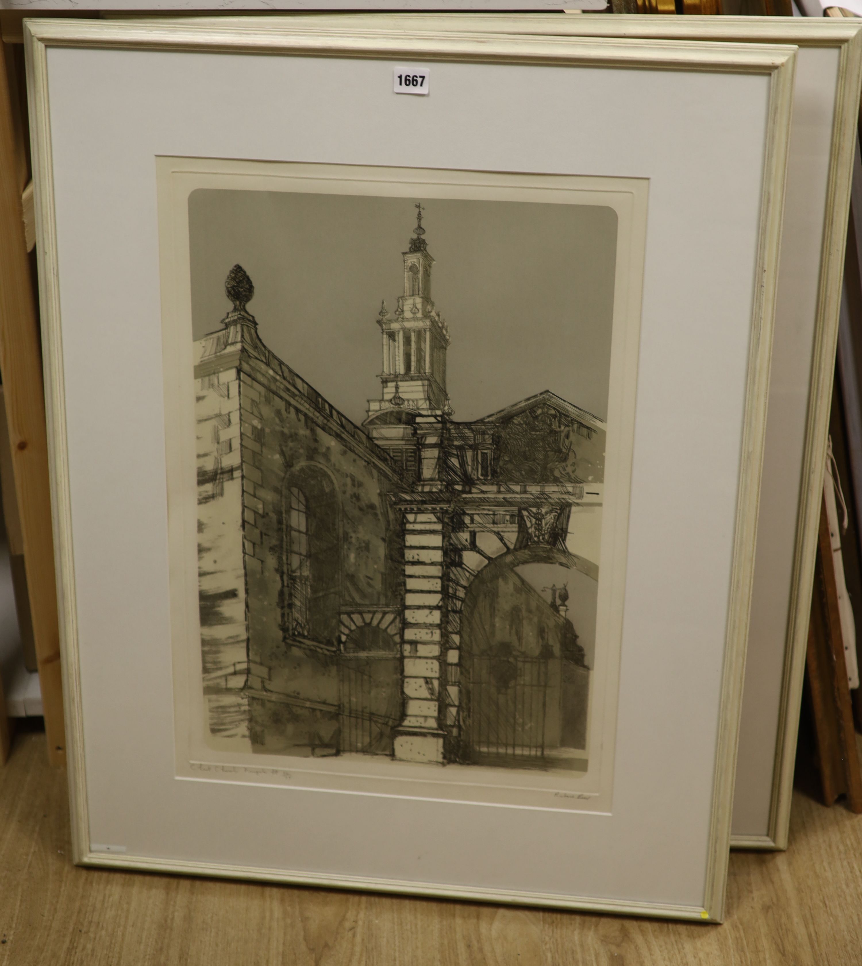 Richard Beer (1928-2017), two coloured etchings, Christ Church, Newgate, signed, 32/75, 65 x 45cm and Magnus The Martyr, 32/75, 65 x 45